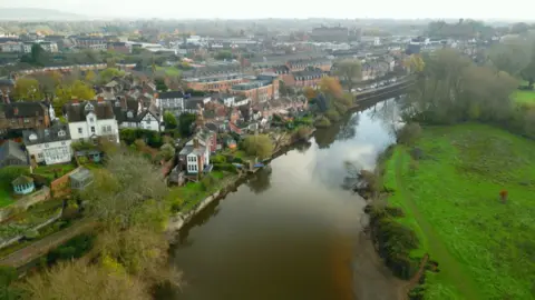 A drone view of the River Severn near Shrewsbury 