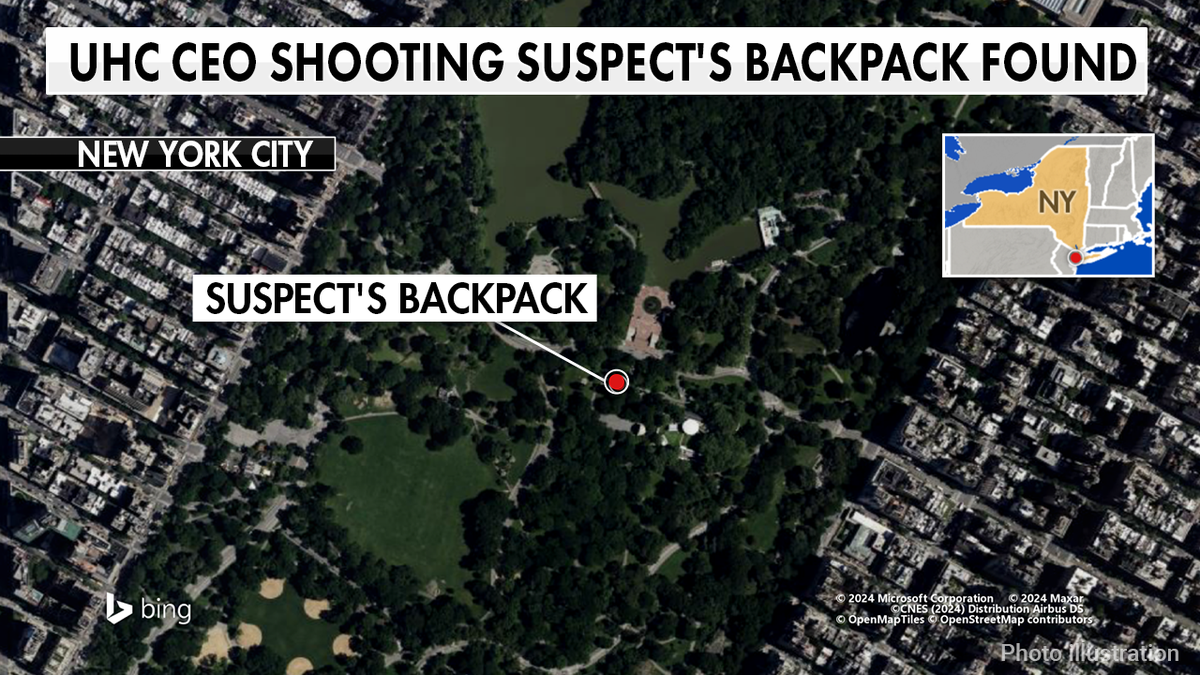 A map shows where a backpack that allegedly belongs to the suspect in the killing of Brian Thompson, CEO of UnitedHealth, was found in Central Park in New York City.