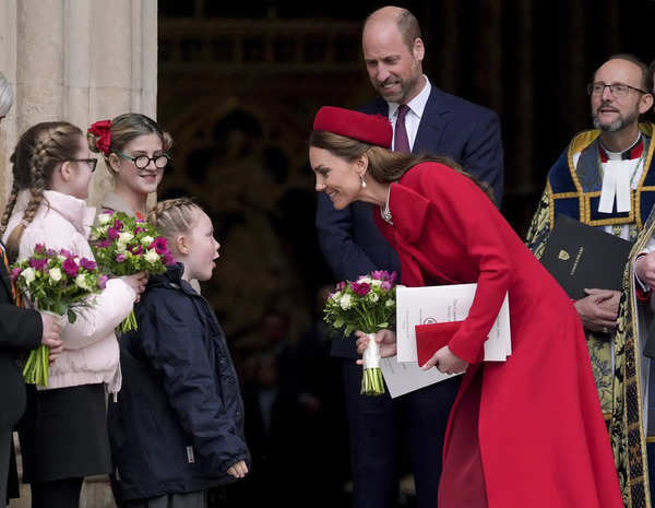 Britain's Kate, the Princess of Wales is presented with flowers after attending the annual Commonwealth Day Service of Celebration at Westminster Abbey, in London, Monday March 10, 2025.AP/PTI Britain's Kate, the Princess of Wales is presented with flowers after attending ...