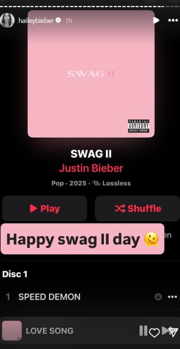 Hailey Bieber shows love to husband Justin after new album release