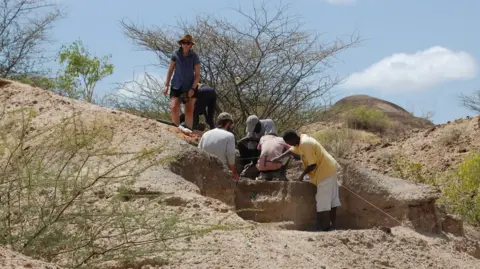 David Braun A group of people are working together at an archaeological dig site in a dry, rocky landscape with sparse vegetation. Some are kneeling and carefully examining or excavating a partially exposed layer of earth, while one stands nearby watching. Their focused activity suggests they are searching for or studying artifacts or fossils in the ground.